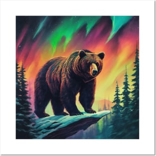 Brown Bear with Forest and Borealis, Colorful, Beautiful Posters and Art